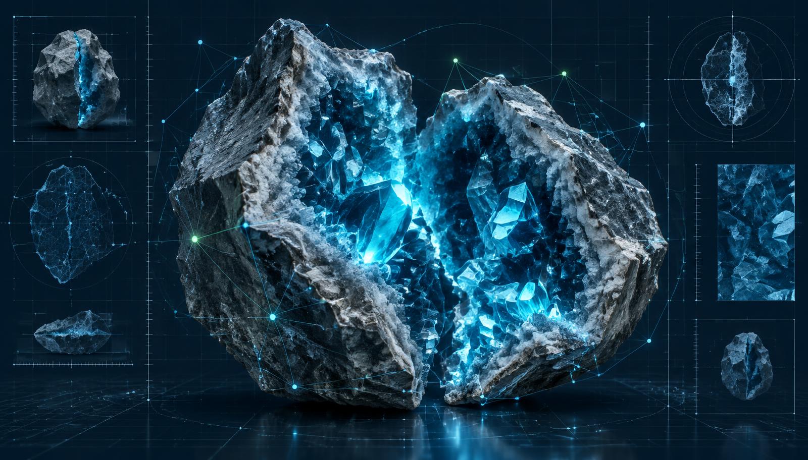 A grey geode split open around an electric cyan crystal core, mapped with fine cyan network lines and technical annotations.