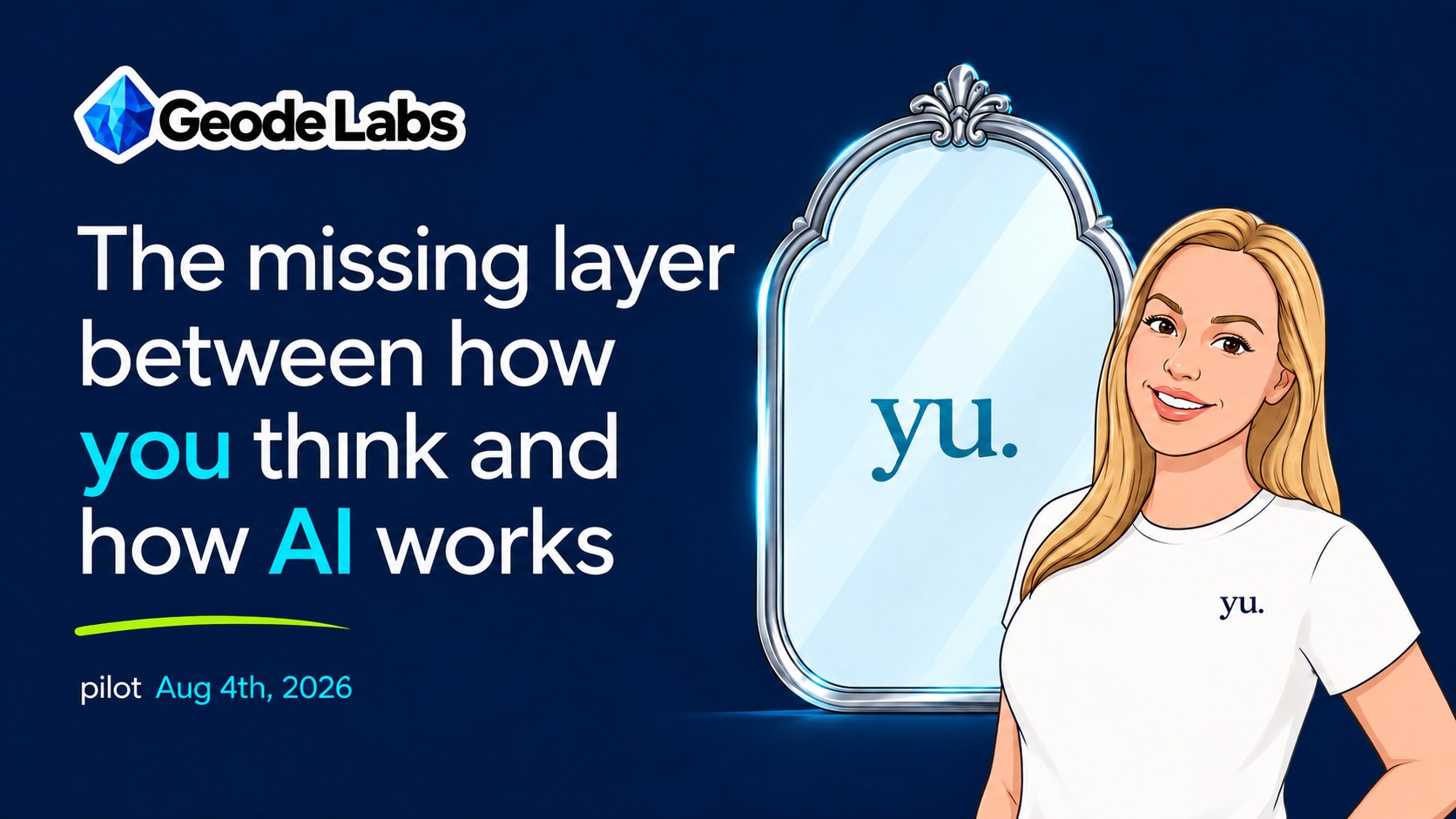 Navy Geode Labs illustration of a woman facing a silver mirror, with yu. on the mirror and her shirt and a glowing blue geode beside her